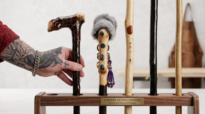 Handcrafted Staff Collection Collection of handcrafted wooden staffs and walking sticks displayed together in a stand