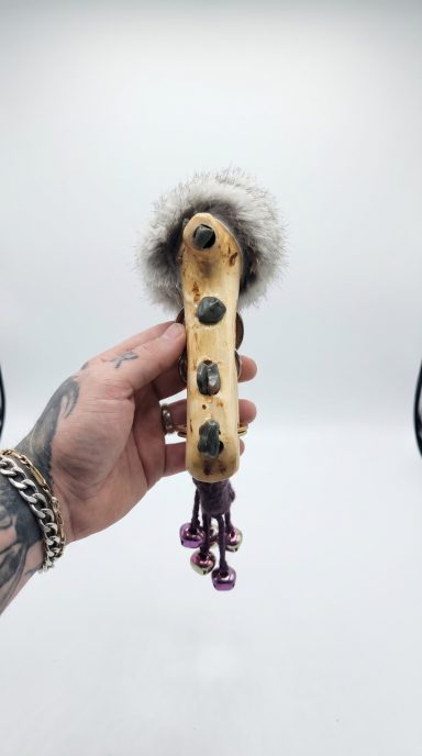 Ceremonial Wooden Walking Staff Light wood ceremonial walking stick with fur wrap, hanging bells and decorative metal detailing